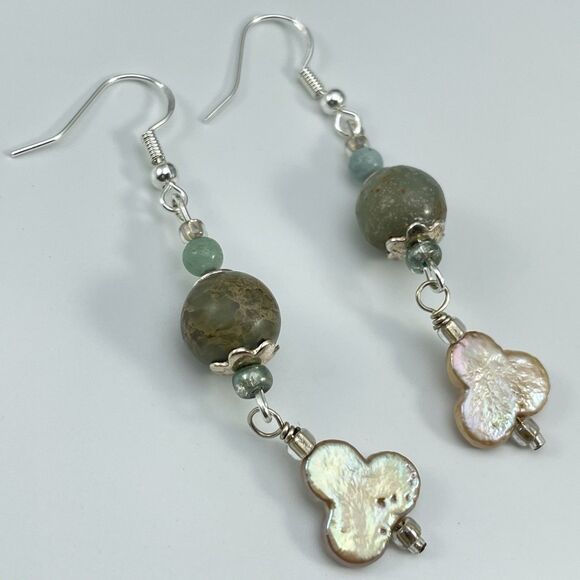 Earrings 925 Sterling Silver Plated Jasper Freshwater Clover Pearl Beaded Dangle - Picture 2 of 7